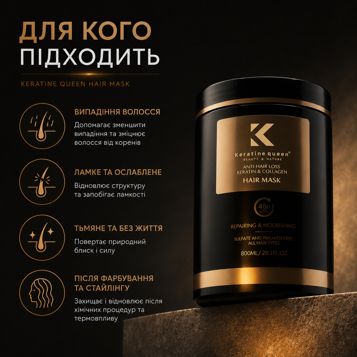 Маска для реконструкції волосся проти випадіння Keratine Queen, 800 мл
